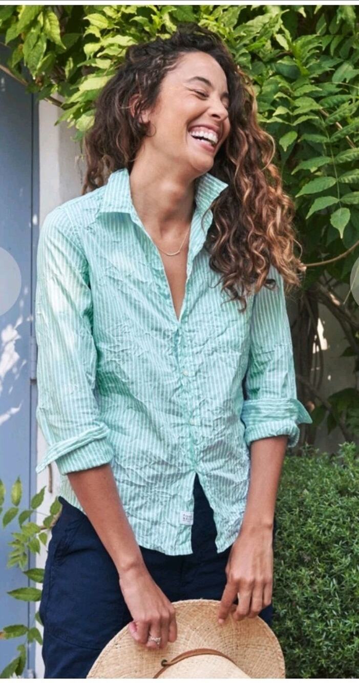 Frank & Eileen Barry Cotton Green White Striped Button Up Top XS